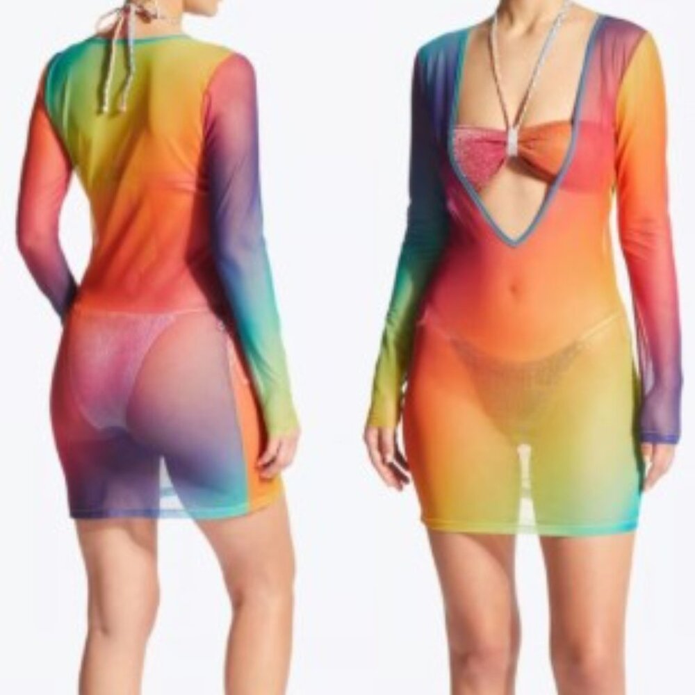 KURT GEIGER LONDON Rainbow Gradient Mesh Swim Dress Cover Up